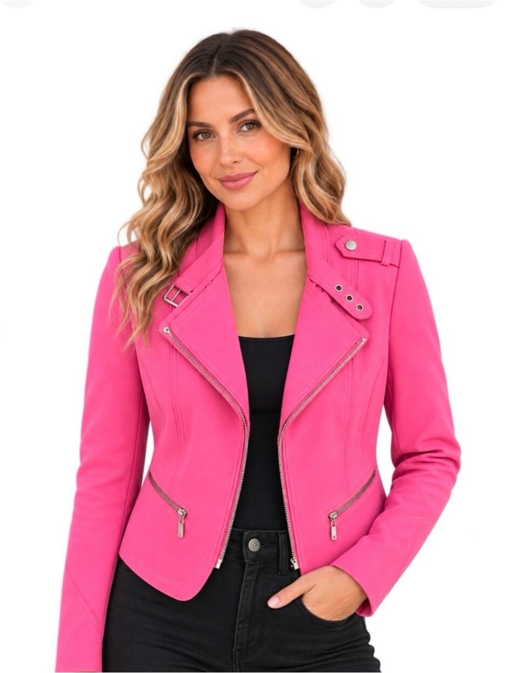 White House Black Market Hot Pink Moto Jacket with Silver Hardware